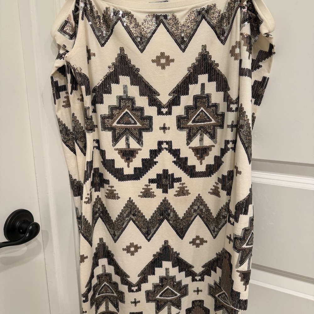 Express Cream Off-Shoulder Dress with Black and Bronze Sequin Design